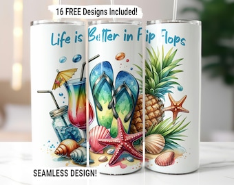Beach Tumbler Wrap Seamless Sublimation PNG, Seashells Ocean Beach Life 20 oz Skinny Tumbler Wrap, Beach Flip Flops Design, Digital Download