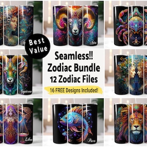 Zodiac Bundle Tumbler Wrap Seamless Sublimation PNG, 20 oz Skinny Tumbler Sublimation Design Astrology Sign Digital Download