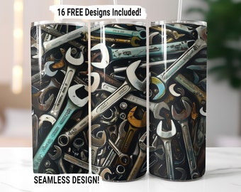Mechanic Wrench Tumbler Wrap Seamless Sublimation Father&#39;s Day Design PNG, 20 oz Skinny Tumbler Wrap Father Gift PNG Digital Download