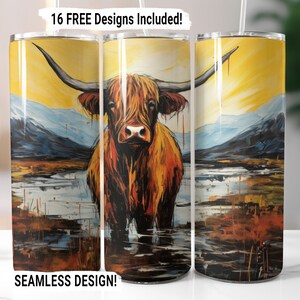 Highland Cow Tumbler Wrap Seamless Sublimation PNG, 20 oz Skinny Tumbler Wrap, Highland Cow Sublimation Design, Digital Download