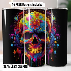 Halloween Skull Scary Neon Tumbler Wrap Seamless Sublimation PNG, 20 oz Skinny Tumbler Sublimation Design Halloween Digital Download