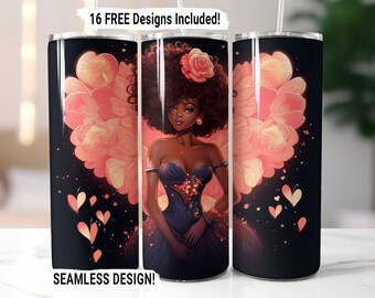 Valentine Cupid Tumbler Wrap Seamless Sublimation PNG, 20 oz Skinny Tumbler African American, Valentines Day Hearts Love, Digital Download