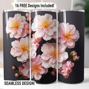 Cherry Blossom Flowers Tumbler Wrap Seamless Sublimation PNG, 20 oz Skinny Tumbler Sublimation Design 3D Cherry Floral DIGITAL DOWNLOAD