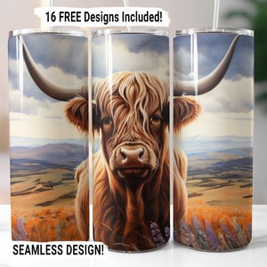 Highland Cow Tumbler Wrap Seamless Sublimation PNG, 20 oz Skinny Tumbler Wrap, Highland Cow Sublimation Design, Digital Download