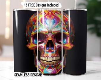 ハロウィンの頭蓋骨のカラフルなタンブラーラップ、シームレスな昇華PNG、20オンスのスキニータンブラー昇華デザイン、恐ろしい頭蓋骨のデジタルダウンロード