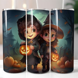 May include: Two cartoon children dressed in Halloween costumes holding jack-o'-lanterns. The girl is wearing a witch hat and the boy is wearing a black cloak. The background is a dark forest scene with trees and leaves.