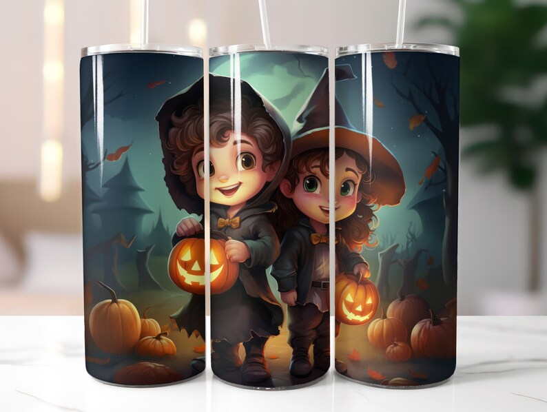 May include: Two cartoon children dressed in Halloween costumes holding jack-o'-lanterns. The girl is wearing a witch hat and the boy is wearing a black cloak. The background is a dark forest scene with trees and leaves.