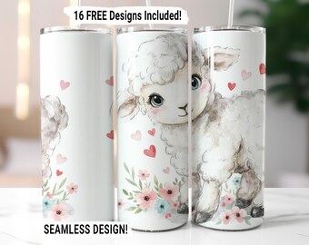 Söt lamm-tumblersjal PNG, blommigt hjärta med gårdsdjursdesign, sublimering för vår och påsk, 20 oz smal, digital nedladdning