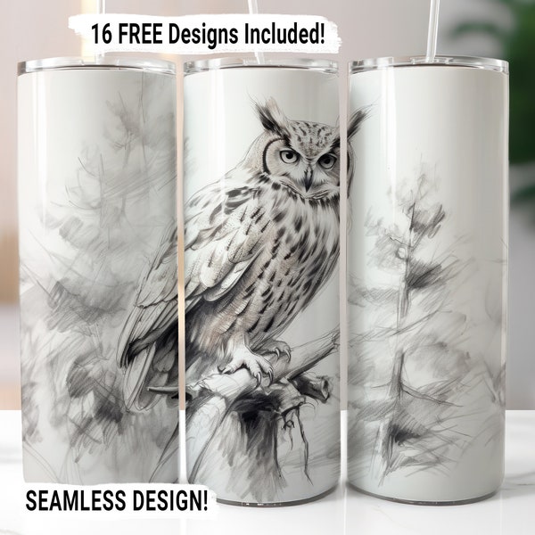 Owl Tumbler Wrap Seamless Sublimation PNG, 20 oz Skinny Tumbler Wrap, Black and White Owl Sublimation Design, Digital Download