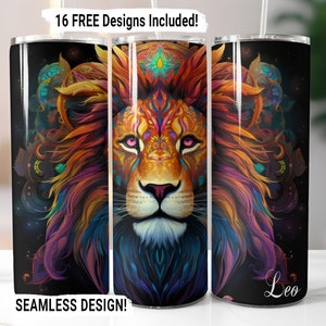 Leo Zodiac Tumbler Wrap Seamless Sublimation PNG, 20 oz Skinny Tumbler Sublimation Design Astrology Sign Digital Download