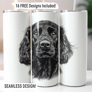 May include: A white stainless steel tumbler with a black and white illustration of a black cocker spaniel dog. The tumbler has the text "16 FREE Designs Included!" and "SEAMLESS DESIGN!" printed on it.