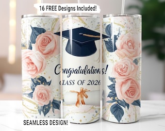 Floral Graduation Tumbler Wrap, Class of 2026 Seamless Sublimation, Graduation PNG, 20 oz Skinny Tumbler Wrap, Graduation Gift Design