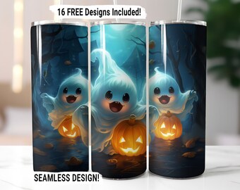 May include: Three cartoon ghosts holding jack-o'-lanterns in a spooky forest setting. The ghosts are blue and white with big eyes and smiles. The jack-o'-lanterns are orange with glowing faces. The background is a dark blue with trees and leaves. This is a seamless design for a tumbler.