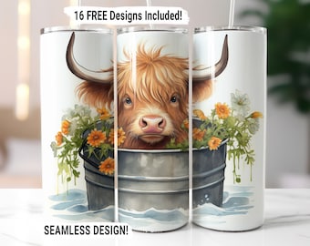 Highland Cow in Tub Tumbler Wrap Seamless Sublimation PNG, 20 oz Skinny Tumbler Wrap, Highland Cow Floral Design, Digital Download