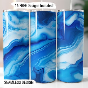 May include: Three stainless steel tumblers with a blue and white marbled design. The tumblers are 20 ounces each and have a seamless design. The text "16 FREE Designs Included!" and "SEAMLESS DESIGN!" is visible on the image.