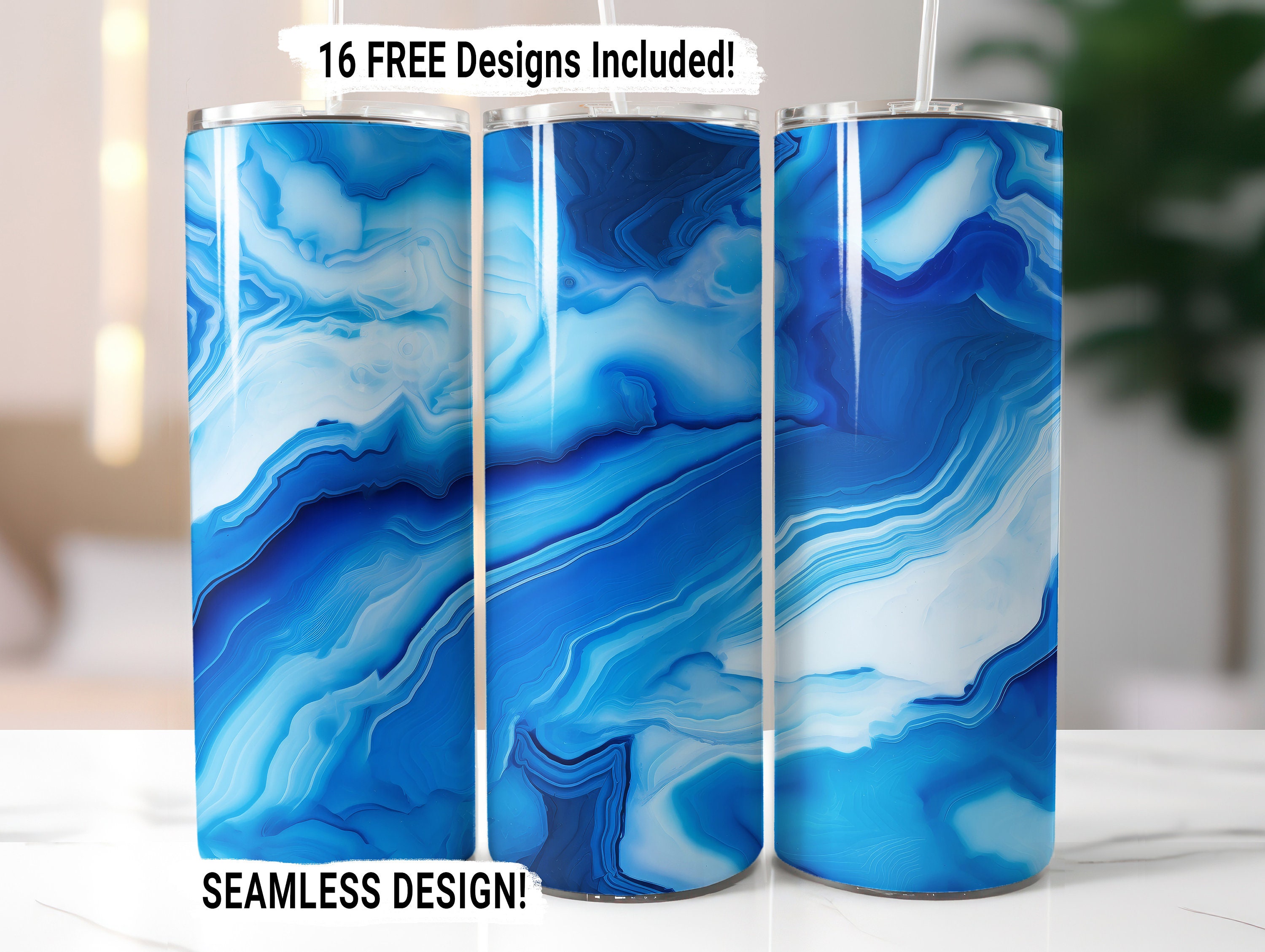 Geode Agate Marble Tumbler Wrap Seamless Sublimation Design PNG, Blue, 20 oz Skinny Tumbler Wrap Digital Download