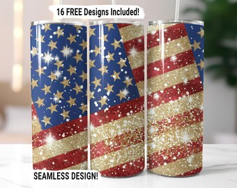 Glitter American Flag Tumbler Wrap Seamless Sublimation 4th of July USA Flag Design PNG, 20 oz Skinny Tumbler Wrap Patriotic Download Only