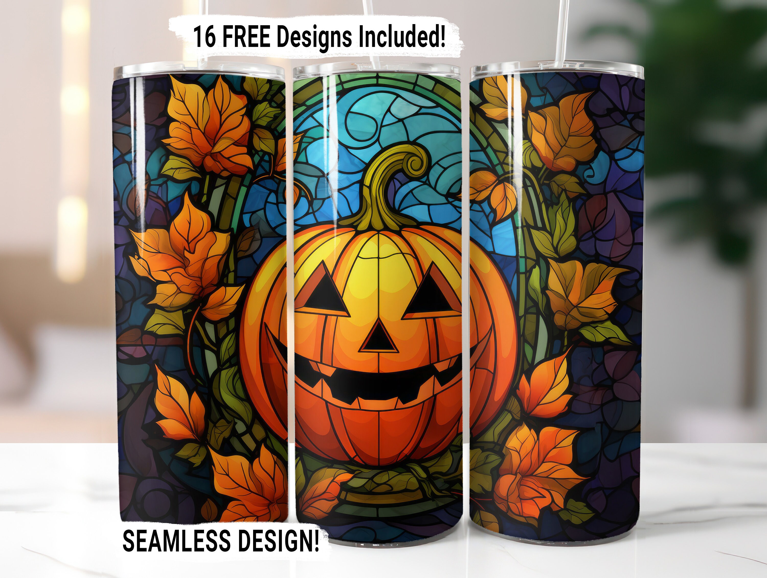 Halloween Stained Glass Pumpkin Jack-O-Lantern Tumbler Wrap Seamless Sublimation PNG, 20 oz Skinny Tumbler Design Digital Download