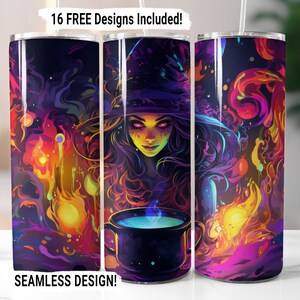 Halloween Neon Witch Tumbler Wrap Seamless Sublimation PNG, 20 oz Skinny Tumbler Sublimation Design Halloween Digital Download