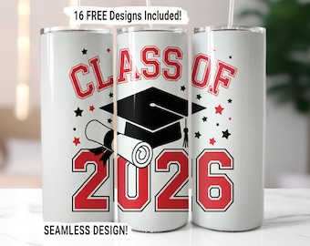Adesivo para copo térmico "Turma de 2026", Adesivo para copo térmico de formatura com sublimação sem costura, PNG de formatura, Adesivo para copo térmico fino de 590 ml, Design de presente de formatura