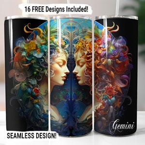 Gemini Zodiac Tumbler Wrap Seamless Sublimation PNG, 20 oz Skinny Tumbler Sublimation Design Astrology Sign Digital Download