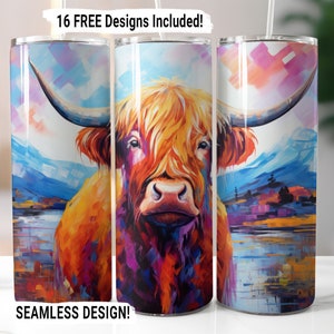 Highland Cow Tumbler Wrap Seamless Sublimation PNG, 20 oz Skinny Tumbler Wrap, Highland Cow Sublimation Design, Digital Download