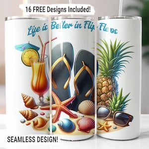 Beach Tumbler Wrap Seamless Sublimation PNG, Seashells Ocean Beach Life 20 oz Skinny Tumbler Wrap, Beach Flip Flops Design, Digital Download