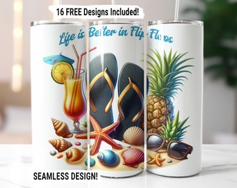 Beach Tumbler Wrap Seamless Sublimation PNG, Seashells Ocean Beach Life 20 oz Skinny Tumbler Wrap, Beach Flip Flops Design, Digital Download