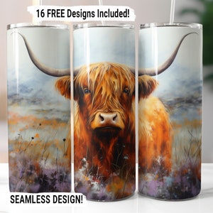 Highland Cow Tumbler Wrap Seamless Sublimation PNG, 20 oz Skinny Tumbler Wrap, Highland Cow Sublimation Design, Digital Download