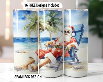 Christmas Santa on Beach Tumbler Wrap Seamless Sublimation PNG, 20 oz Skinny Tumbler Sublimation Design, Christmas Santa Digital Download