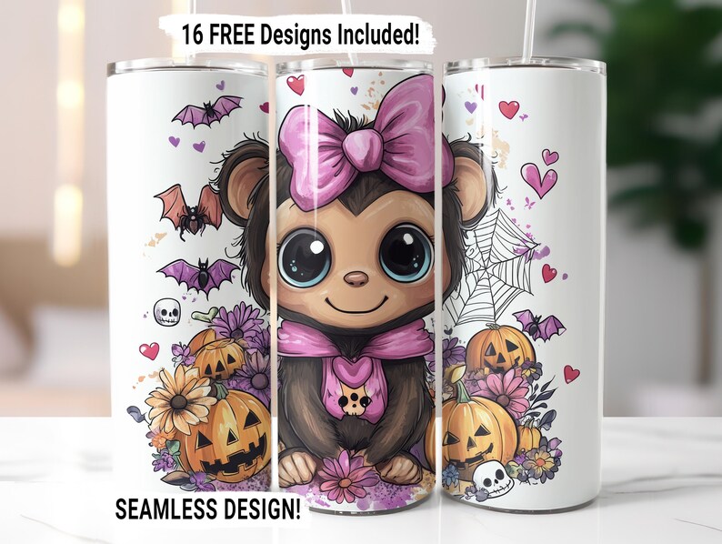 Coquette Halloween Tumbler Wrap Cute Monkey Pumpkin Tumbler Sublimation