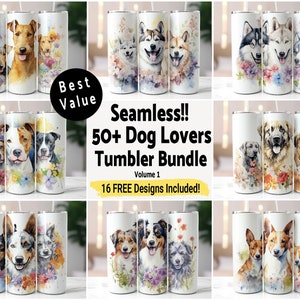 50+ Dog Lovers Bundle Tumbler Wrap Seamless Sublimation PNG, 20 oz Skinny Tumbler Sublimation Design Dogs Digital Download, Volume 1