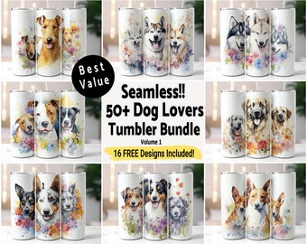 50+ Dog Lovers Bundle Tumbler Wrap Seamless Sublimation PNG, 20 oz Skinny Tumbler Sublimation Design Dogs Digital Download, Volume 1