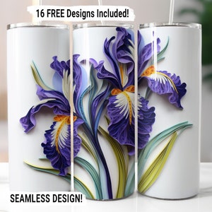 May include: Two white stainless steel tumblers featuring a purple and green floral design. The design showcases a close-up of a purple iris flower with yellow accents. The text "16 FREE Designs Included!" and "SEAMLESS DESIGN!" is printed on the tumblers.