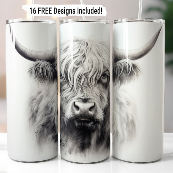 Highland Cow Black White Tumbler Wrap Sublimation PNG, 20 oz Skinny Tumbler Wrap, Highland Cow Sublimation Design, Digital Download