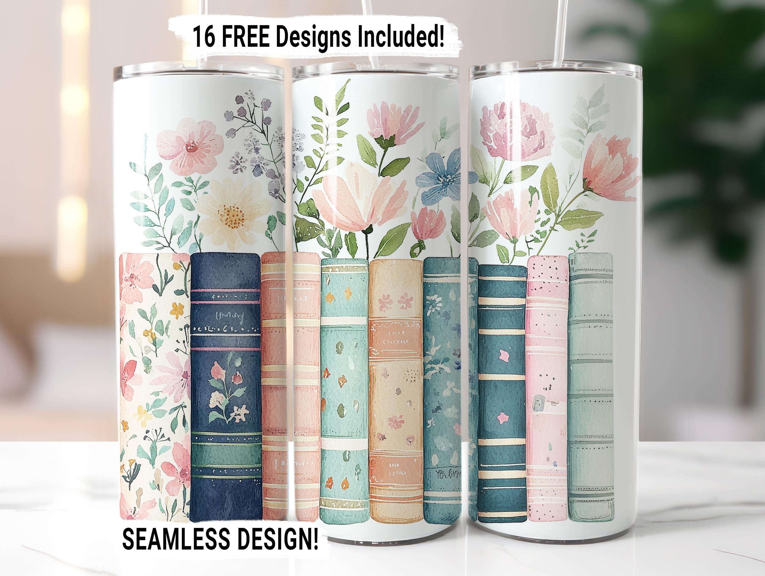 Book Lover Floral Tumbler Wrap Design, Reading Book Lover Tumbler Wrap Seamless Sublimation PNG, 20 oz Skinny Tumbler Wrap, Library Gift