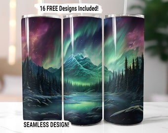 Envoltório para copo Northern Lights, sublimação perfeita PNG, design de sublimação para copo fino de 20 oz, download digital Aurora Borealis