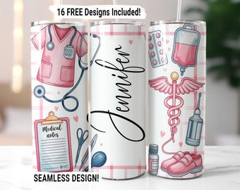 Nurse Tumbler Wrap Personalized Add Your Own Name/Text Seamless Sublimation Nursing Design PNG, 20 oz Skinny Tumbler Wrap, Custom Name