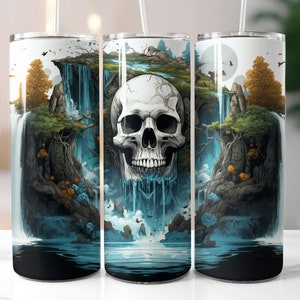 May include: A white skull with a blue waterfall behind it. The skull is in the centre of the image and the waterfall is flowing down from the top of the image. The background is a dark green forest.