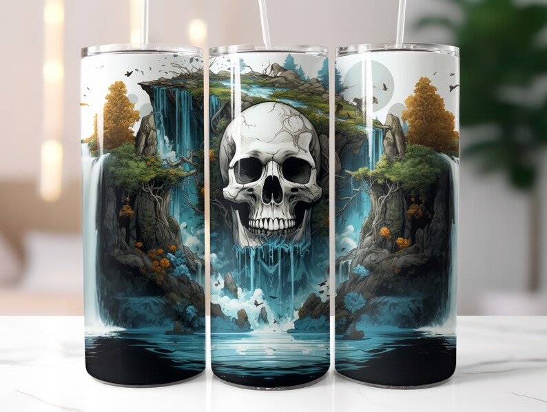 May include: A white skull with a blue waterfall behind it. The skull is in the centre of the image and the waterfall is flowing down from the top of the image. The background is a dark green forest.