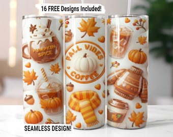 May include: White insulated tumbler with a fall-themed design. The design includes images of a pumpkin spice latte, pumpkins, autumn leaves, a sweater, and the text "FALL VIBES COFFEE". The tumbler also has the text "16 FREE Designs Included!" and "SEAMLESS DESIGN!"