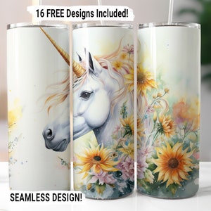 Unicorn Tumbler Wrap Seamless Sublimation PNG, 20 oz Skinny Tumbler Sublimation Design Watercolor Colorful Unicorn Digital Download