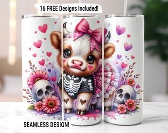 Coquette Halloween Tumbler Wrap Cute Highland Cow Tumbler Sublimation PNG, 20 oz Skinny Tumbler Wrap,Spooky  Halloween Skeleton Bow Download