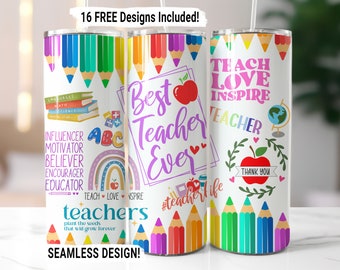 Teacher Tumbler Wrap Seamless Sublimation Teacher Appreciation Design PNG, 20 oz Skinny Tumbler Wrap Teacher Life Tumbler PNG Download