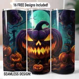 Halloween Neon Scary Pumpkin Tumbler Wrap Seamless Sublimation PNG, 20 oz Skinny Tumbler Sublimation Design Halloween Digital Download