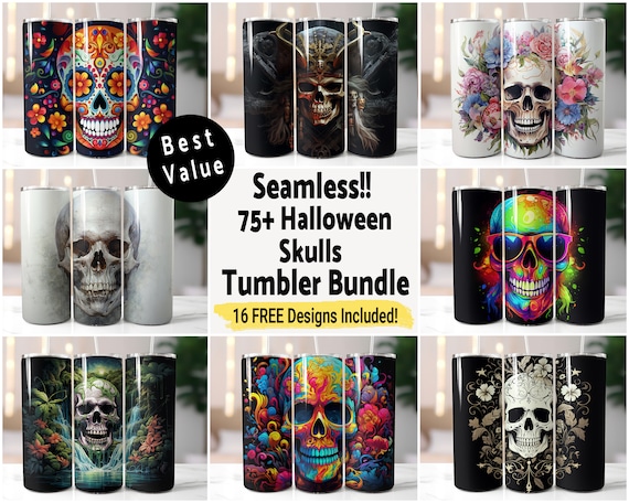 75+ Skull Bundle Halloween Tumbler Wrap Seamless Sublimation Spooky Fall, 20 oz Skinny Tumbler Design Watercolor Skull Digital Download