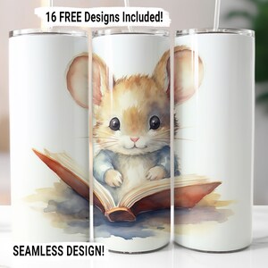 Mouse Reading Book Tumbler Wrap Seamless Sublimation PNG, 20 oz Skinny Tumbler Sublimation Education Design Digital Download