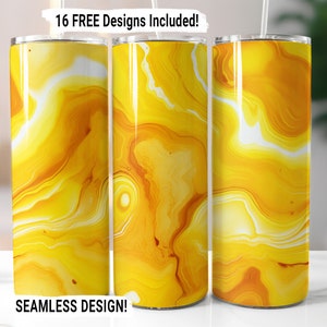 May include: Three yellow and white marble patterned stainless steel tumblers. The tumblers are 20 ounces each and have a seamless design. 16 free designs are included.