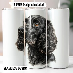 May include: A white stainless steel tumbler with a black and white illustration of a Cocker Spaniel dog. The tumbler has a seamless design and the text "16 FREE Designs Included!" and "SEAMLESS DESIGN!" printed on it.