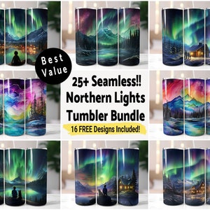 25+ Northern Lights Seamless Bundle Tumbler Wrap Sublimation PNG, 20 oz Skinny Tumbler Sublimation Design Aurora Borealis Digital Download